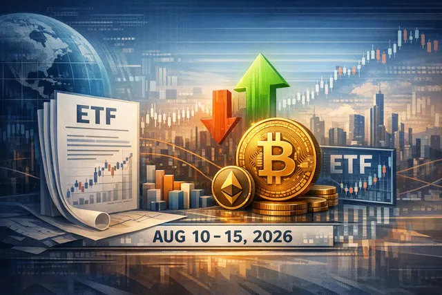 A conceptual image representing crypto ETF flow data, with upward and downward arrows and financial charts superimposed on a digital asset theme.