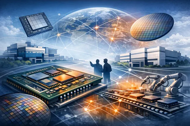 Illustration of Intel's EMIB-T advanced packaging architecture showing silicon bridges embedded in an organic substrate connecting chiplets, with through-silicon vias for vertical