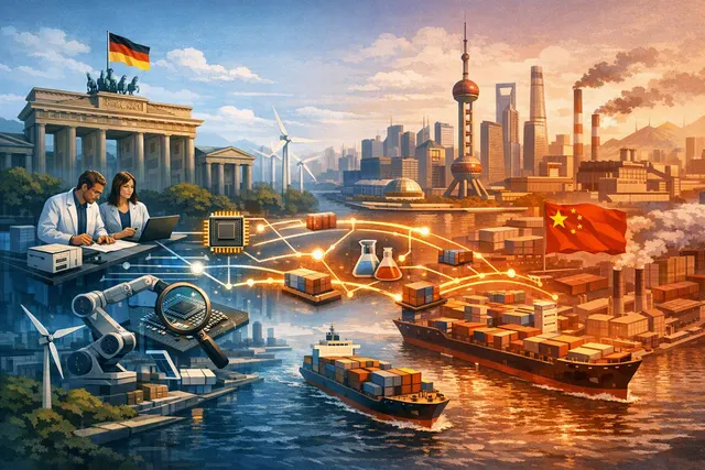A stylized image of a globe with Germany and China highlighted, connected by supply chain lines, with a scale weighing German industrial machinery against Chinese rare earth minera