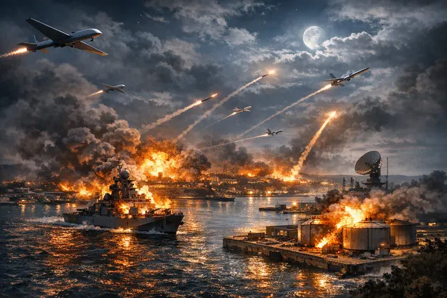 Illustration of a nighttime drone attack over a darkened city skyline with explosions and tracer fire