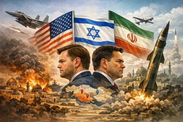 Conceptual image representing the U.S.-Israeli military campaign against Iran and the subsequent policy divide within the Trump administration.