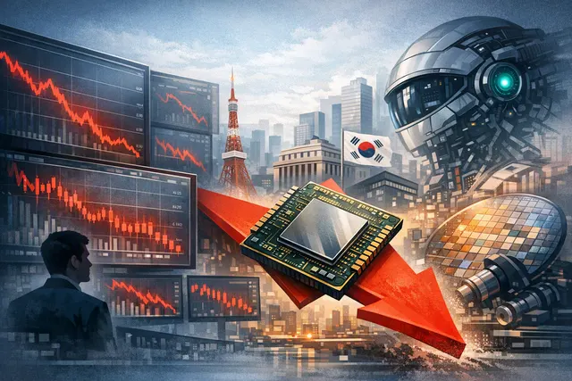 Which factors drove the sharp decline in Asian chip stocks on Friday, dragging Japan's Nikkei 225 and South Korea's KOSPI lower, with SK Hyn