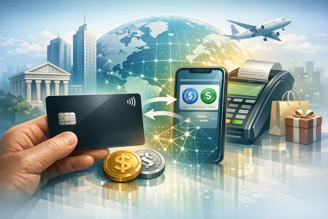 A sleek digital Visa card with stablecoin logos USDT and USDC, representing Cashi's new crypto spending card in 2026.