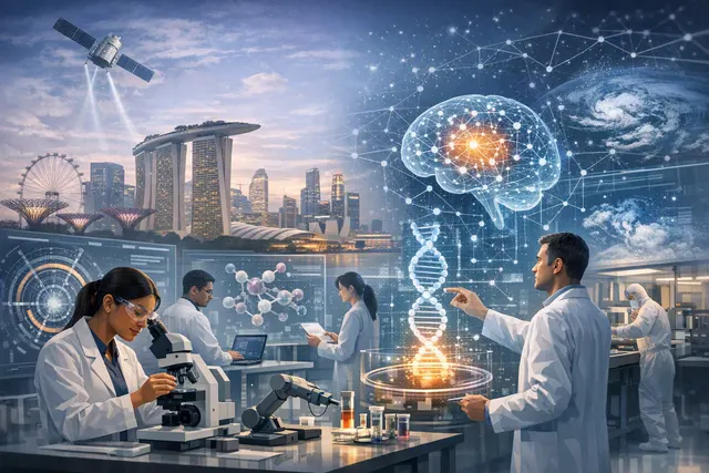 Illustration of AI, robotics and scientific research connected across materials, health, energy and agriculture