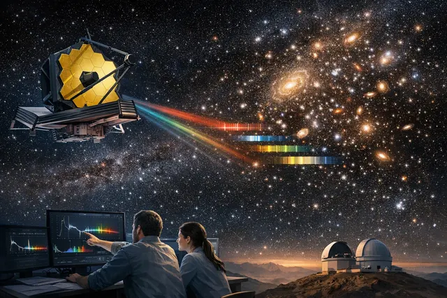 Artistic visualization of JWST spectroscopy revealing faint low-mass stars hidden inside a distant early galaxy