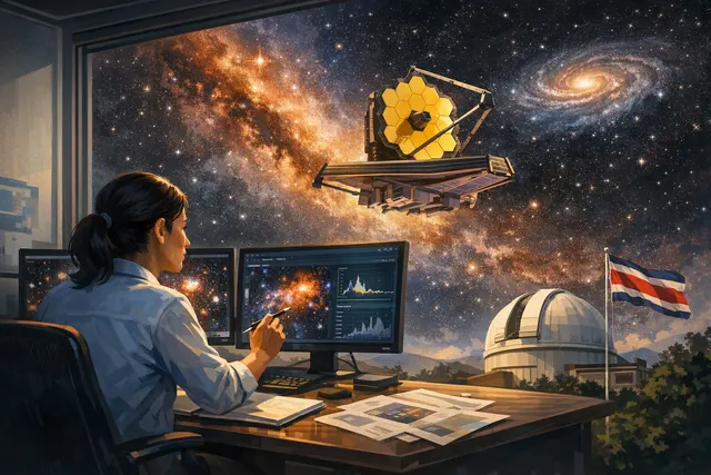 An artist's visualization of a gravitational lensing arc, with a distant galaxy stretched into a bright curve around a foreground galaxy cluster.