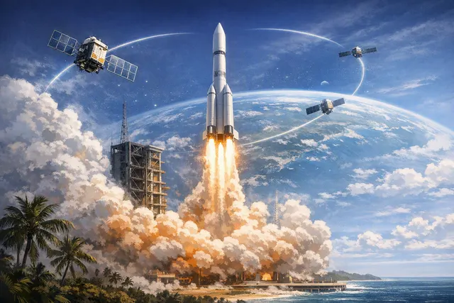 Illustration of a Long March-12 rocket launching low-orbit internet satellites from Hainan