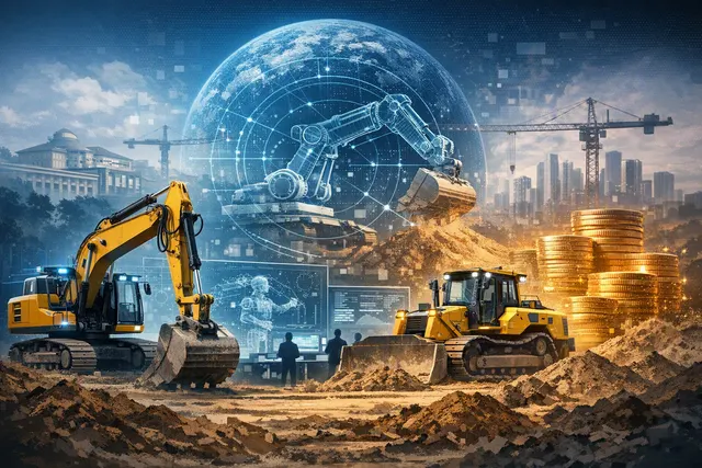AI-generated illustration of an autonomous excavator using Gravis Robotics technology on a construction site