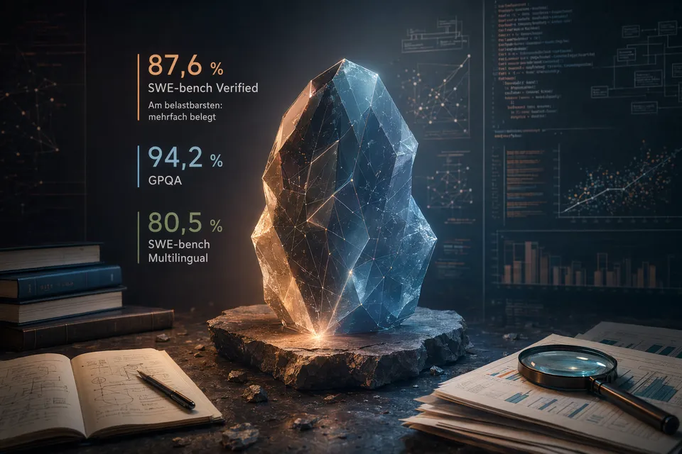 Abstrakte Visualisierung von Claude Opus 4.7 Benchmarks mit Diagrammen und Code-Elementen