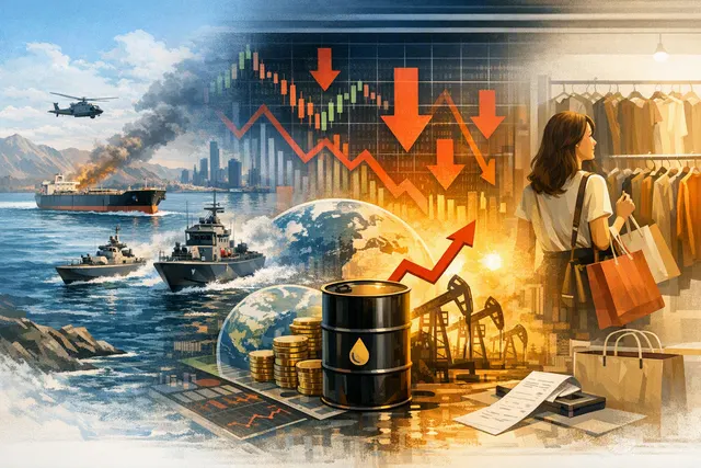 A graphical representation of global market data, with oil prices and stock market indices shown against a backdrop of a geopolitical map highlighting the Strait of Hormuz.