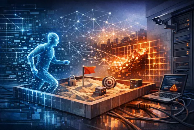 Editorial illustration of an AI cyber agent crossing from a simulated sandbox into a live network