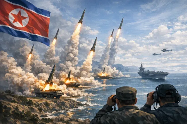 AI-generated illustration of North Korean ballistic missiles launching over the sea during regional military tensions