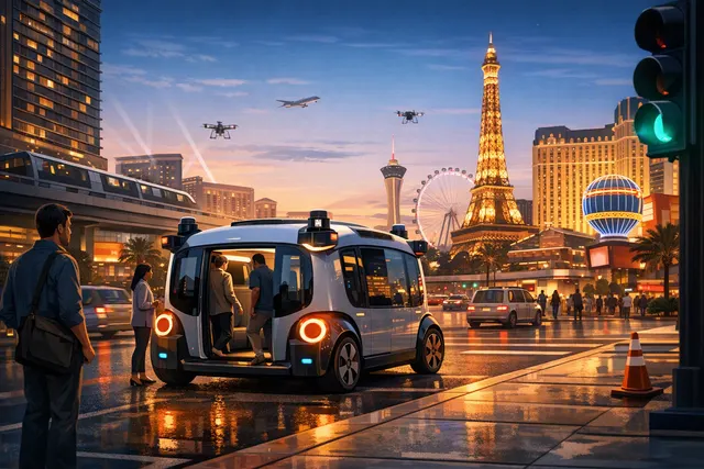 Zoox robotaxi, a boxy autonomous vehicle with no steering wheel, driving on a Las Vegas street near the Strip.