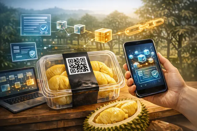 Illustration of a premium durian box being verified with a QR code and blockchain traceability record