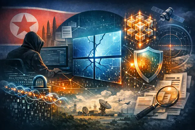 Abstract representation of a cyber attack chain showing a Windows kernel driver exploitation, post-quantum encryption, and a rootkit deployment targeting defense sector infrastruct