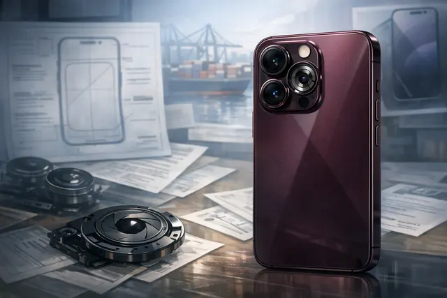 AI-generated concept of an iPhone 18 Pro in a dark cherry red color, with the text 'iPhone 18 Pro Leaks' overlaying a futuristic tech background.