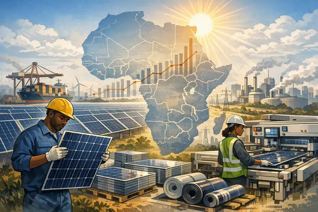 Solar panel installation in an African landscape, representing the continent's push for domestic manufacturing and its reliance on Chinese imports.