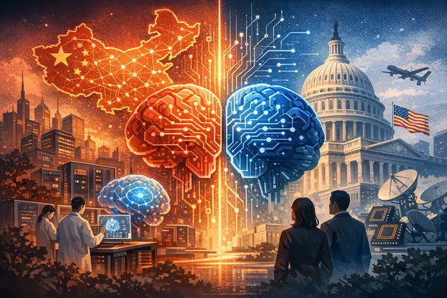 Abstract digital globe split between US and Chinese flags overlaying a network of AI model architecture nodes and data streams, symbolizing the competitive AI landscape.