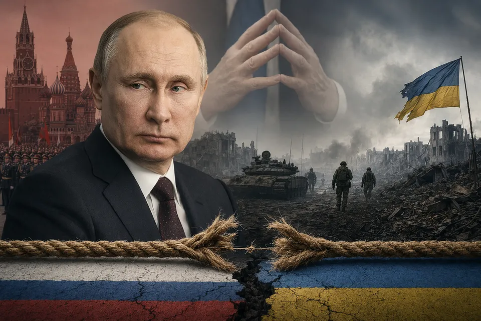 AI-generated editorial illustration about Putin’s Ukraine war ceasefire claim