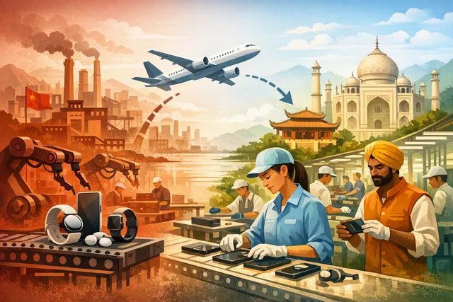 Editorial illustration of Google Pixel devices and a global supply-chain shift from China to Vietnam and India