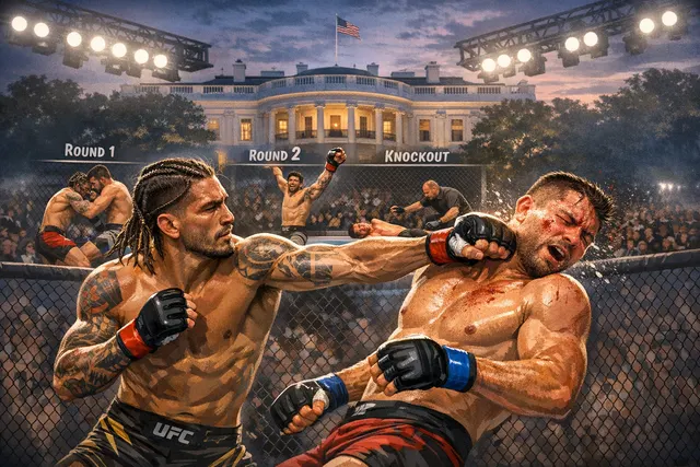 Diego Lopes celebrating a knockout victory over Steve Garcia in the UFC Octagon at the historic UFC Freedom 250 event on the White House South Lawn.