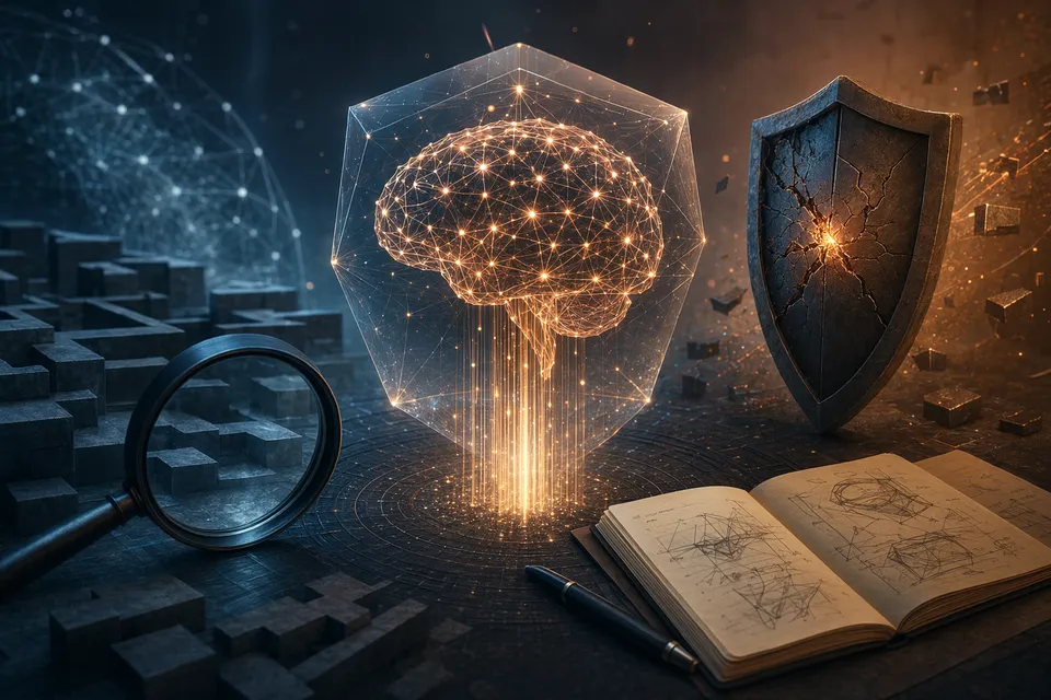 Abstract editorial illustration of Claude Mythos Preview with AI model and cybersecurity motifs
