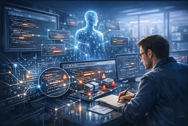 Abstract editorial illustration of interconnected AI agents analyzing software code for cybersecurity vulnerabilities
