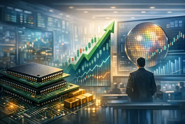 Abstract circuit board illustration representing memory chips and semiconductor rally