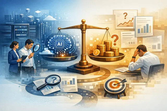 A conceptual illustration showing a complex financial dashboard with charts, AI tokens, and data streams representing the challenge of measuring return on AI investment in enterpri