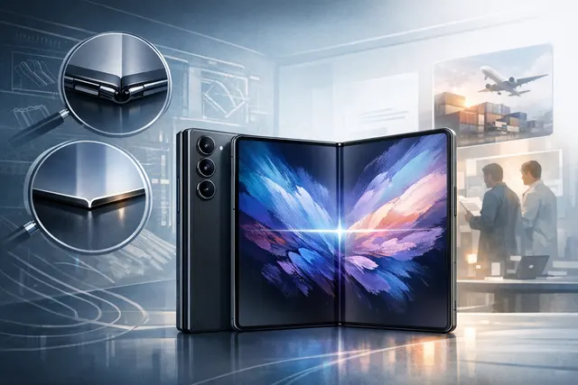 Samsung Galaxy Z Fold 8 Wide and Ultra dummy units side by side, showing the shorter passport-shape Wide next to the taller traditional Ultra