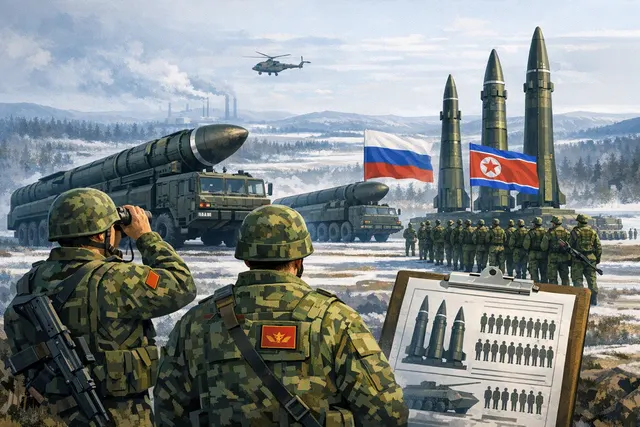 Illustration of a North Korean ballistic missile on a launcher in a field, representing the deployment of North Korean missile units to Russia for use in the war in Ukraine.