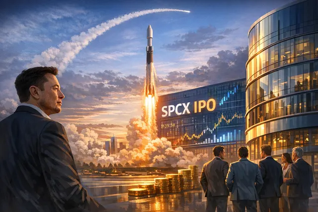 Artistic visualization of a SpaceX rocket launch representing the company's historic initial public offering