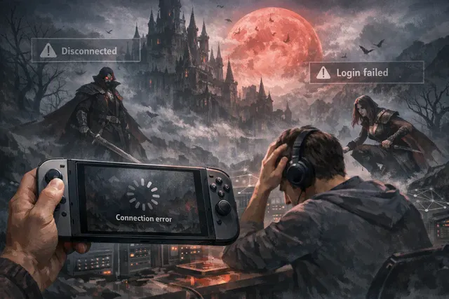 Dark vampire warriors gathered around a glowing network portal, representing The Duskbloods’ failed Nintendo Switch 2 server test