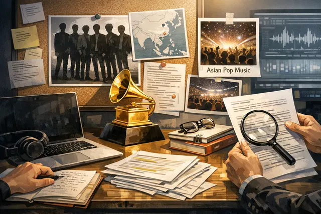BTS member holding a Grammy trophy with Korean text overlay