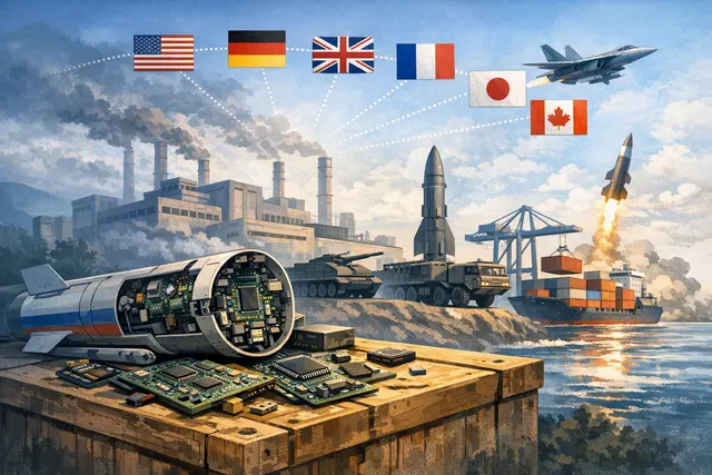 AI-generated editorial illustration about Zelenskyy’s call to close sanctions loopholes and block components reaching Russia’s military industry