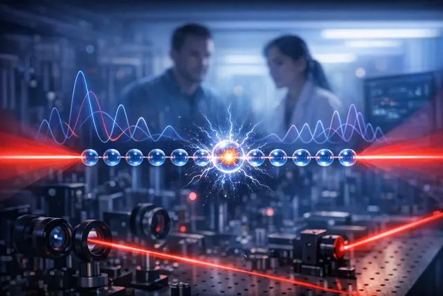 Illustration of strontium atoms in an optical-tweezer chain forming a Rydberg quantum simulator