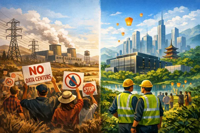 Editorial illustration representing the global data centre buildout controversy, with a data centre silhouette and protest imagery