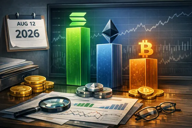 GSR Core3 model portfolio asset allocation pie chart showing Solana (43.6%), Ethereum (39.5%), and Bitcoin (16.9%) after August 12, 2026 rebalance