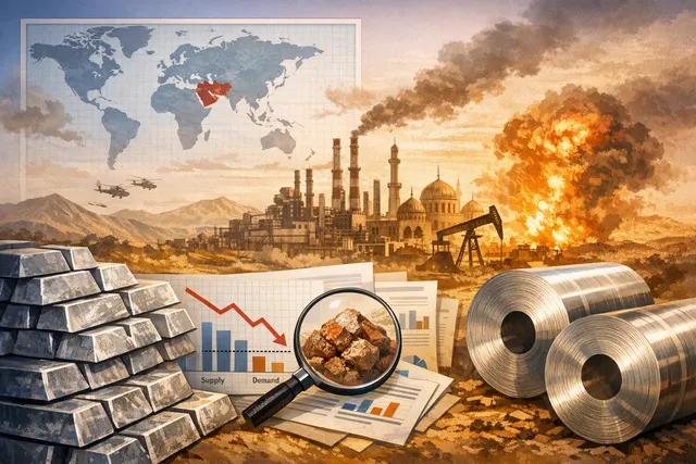 Industrial metal pipes and cables illuminated by a glowing orange sunset, symbolizing the global metals supply chain under pressure