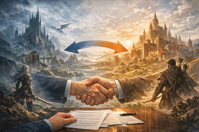 Split screen illustration of Amazon Games logo with Lost Ark and Throne and Liberty key art, symbolizing the publishing handoff back to original developers Smilegate and NC in 2026