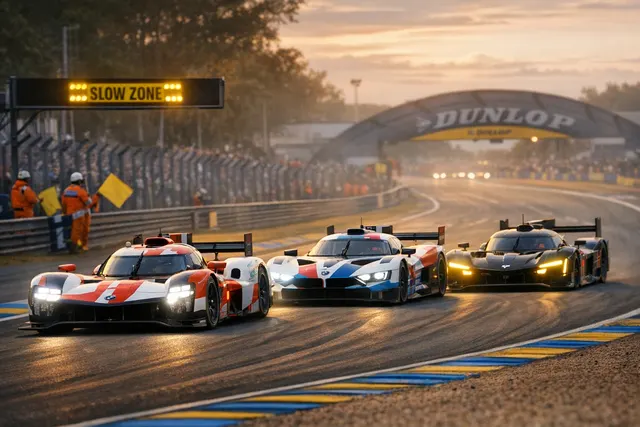 Toyota, BMW, and Cadillac Hypercars racing through the night at the 2026 24 Hours of Le Mans with glowing brake discs