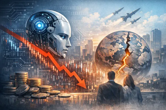 Abstract illustration of a stock market crash with AI circuit board patterns and falling graph lines, representing the AI investment correction and global credit risk warning from