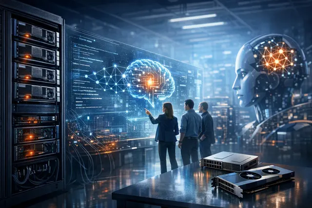 AMD Instinct Coder concept illustration showing on-premises AI infrastructure with GPU servers and secure data flow