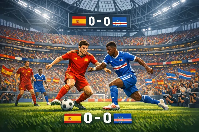 Cape Verde goalkeeper Vozinha making a diving save during a historic 2026 World Cup debut match against Spain at Mercedes-Benz Stadium in Atlanta