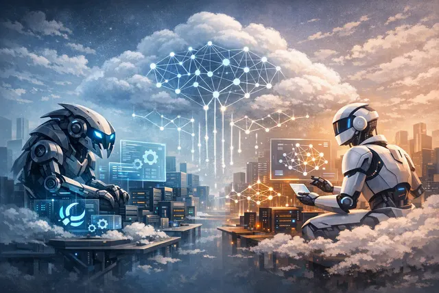 Editorial illustration of managed cloud infrastructure deploying open-source AI agents