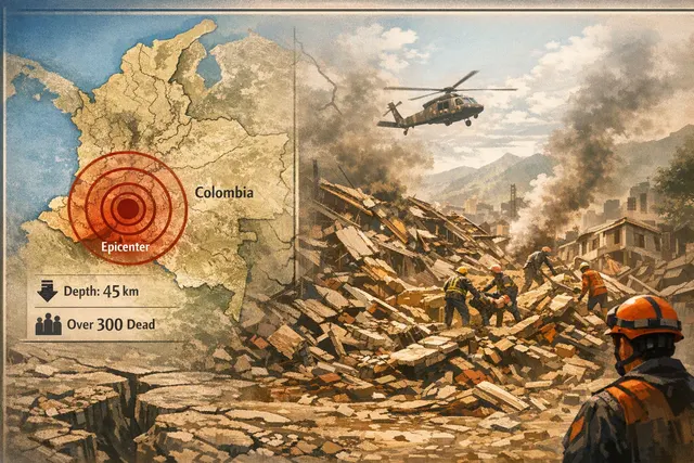 AI-generated editorial illustration of the 7.4-magnitude earthquake that struck western Colombia on August 10, 2026, showing a cracked landscape and damaged structures.