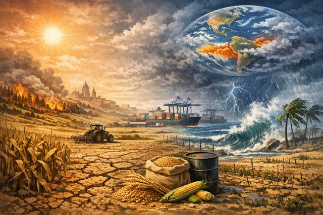 Visual representation of the 2026 global food crisis convergence, showing heatwaves, El Niño weather patterns, shipping disruptions, and grain supply threats.