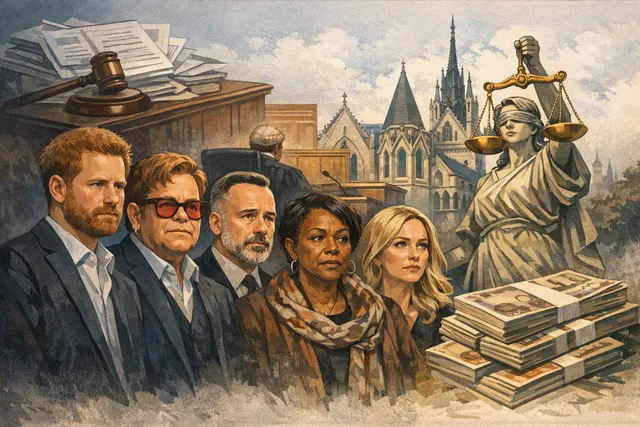 Editorial illustration representing Prince Harry’s High Court privacy case against the Daily Mail publisher and the resulting legal costs order
