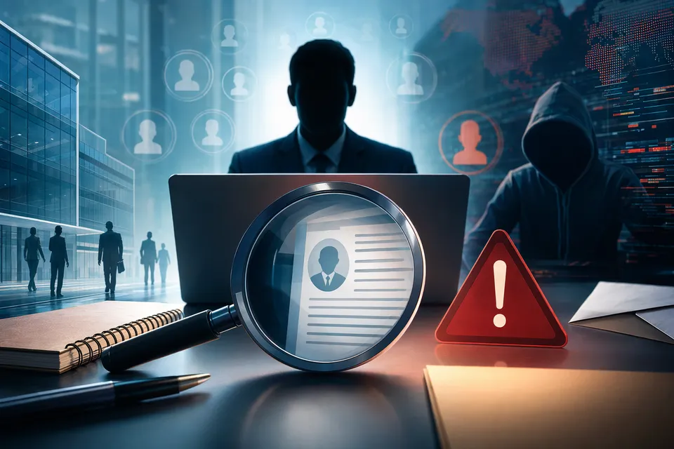 Illustration of a hiring team flagging a suspicious fake recruiter message