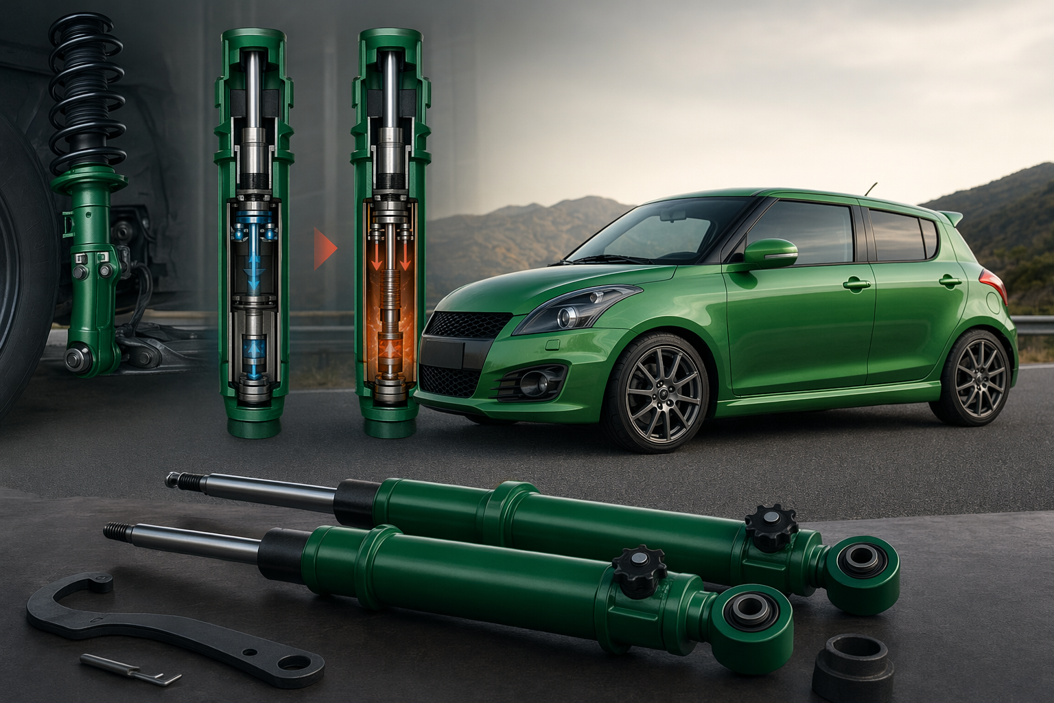 Illustration of a Suzuki Swift Sport with adjustable dampers for ride-comfort tuning